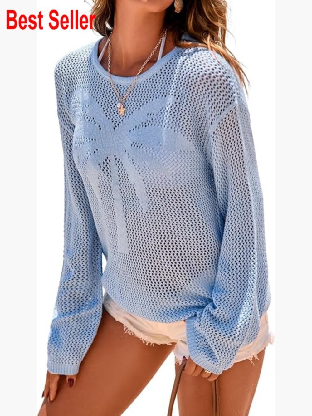 Crochet Hollow Out Long Sleeve Sweater Crewneck Pullover Beach Coverup Tunic Top